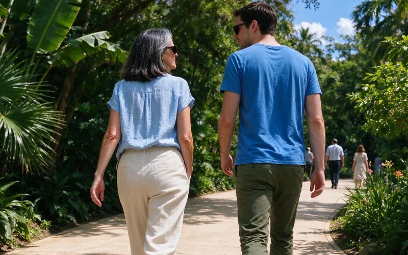 אישה בת 50 וגבר צעיר צועדים ומשוחחים בגן בוטני מואר