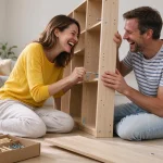 בני זוג מבוגרים מרכיבים יחד כוננית ספרים מעט עקומה וצוחקים בדירה מוארת