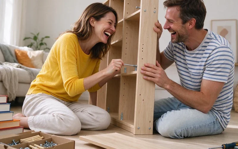 בני זוג מבוגרים מרכיבים יחד כוננית ספרים מעט עקומה וצוחקים בדירה מוארת